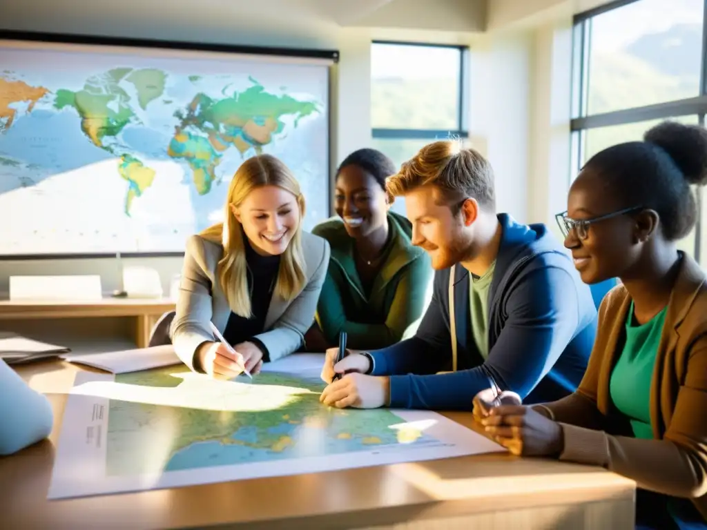 Estudiantes de postgrado en ciencias ambientales discuten en un aula con mapas y equipos científicos