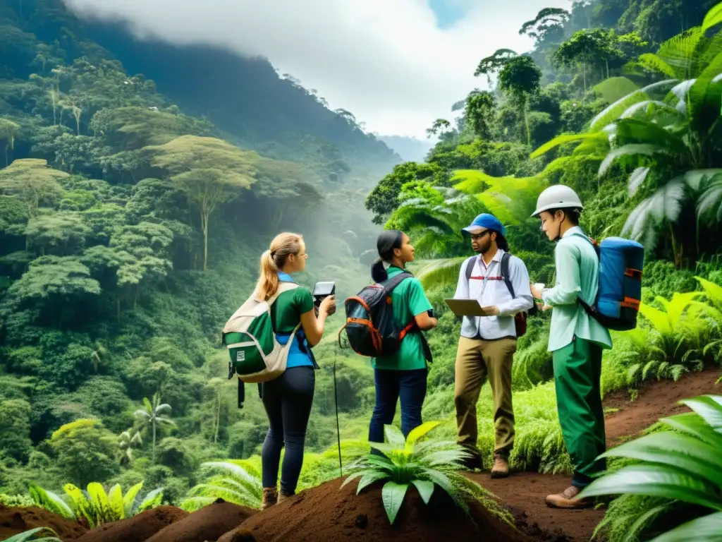 Estudiantes de postgrado en ciencias ambientales realizando investigación de campo en una exuberante selva biodiversa