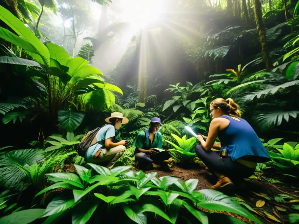 Estudiantes de postgrado en ecología realizando investigación de campo en una exuberante selva