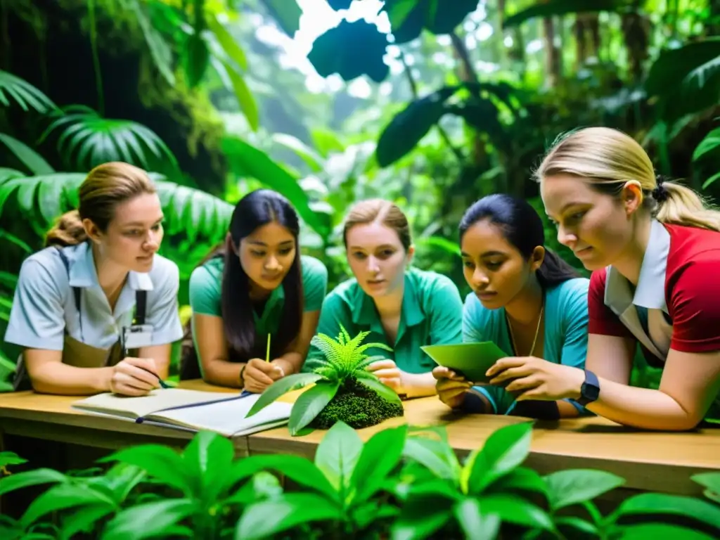 Estudiantes de postgrado en biodiversidad realizando investigaciones en la selva tropical, inmersos en su intensa labor académica