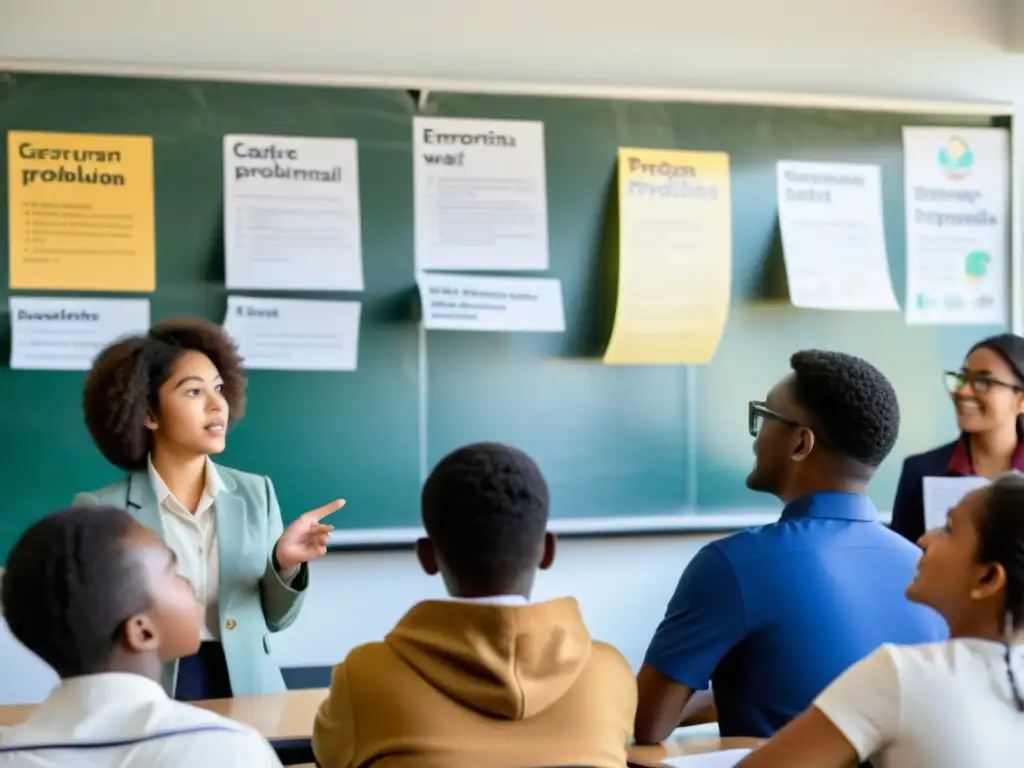 Estudiantes debaten problemas ambientales con pasión y determinación, en un aula llena de carteles e infografías