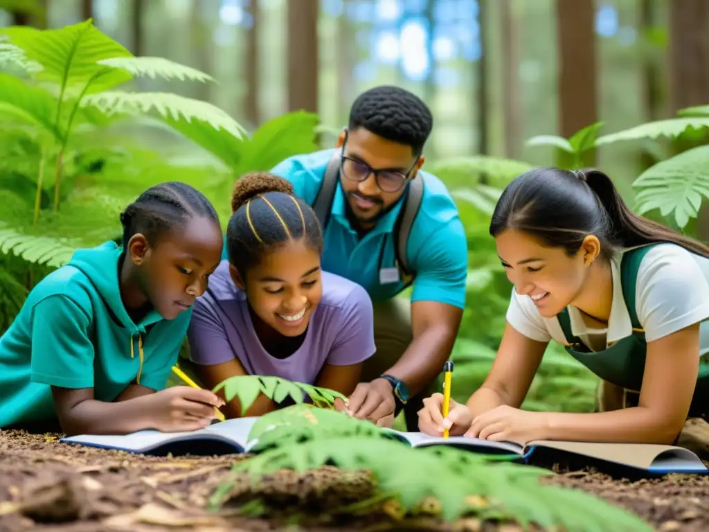 Estudiantes y profesores participando en educación ambiental al aire libre, fomentando la integración de ecología en educación multidisciplinaria