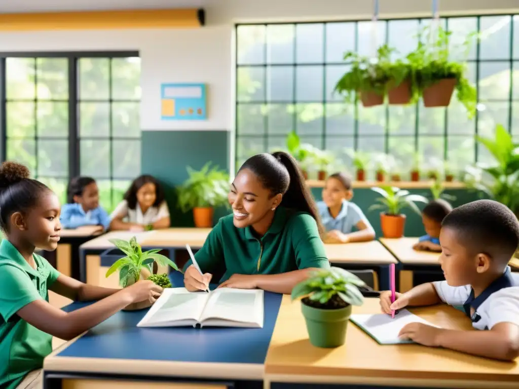 Estudiantes y profesores colaborando en un aula ecoamigable, con enfoque en estrategias de mitigación del cambio climático y educación ambiental