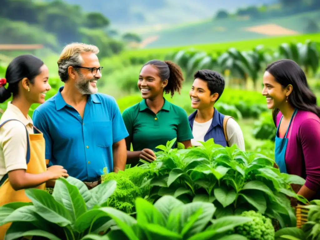 Comunidad agroecológica: aprendizaje sustentable en acción Estudiantes y profesores colaborando en una granja agroecológica, destacando la importancia de la agroecología en educación