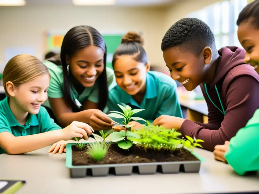 Estudiantes colaborando en proyecto de ecología en aula multidisciplinaria