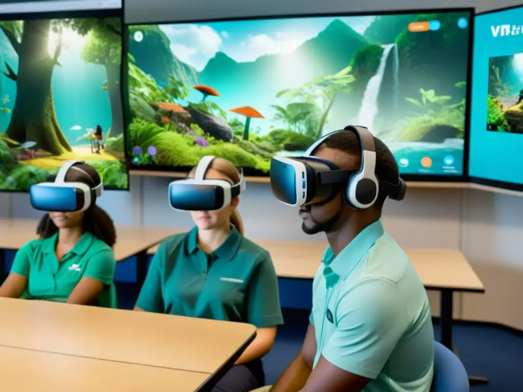 Estudiantes interactúan con realidad virtual sobre ecosistemas, guiados por un apasionado maestro