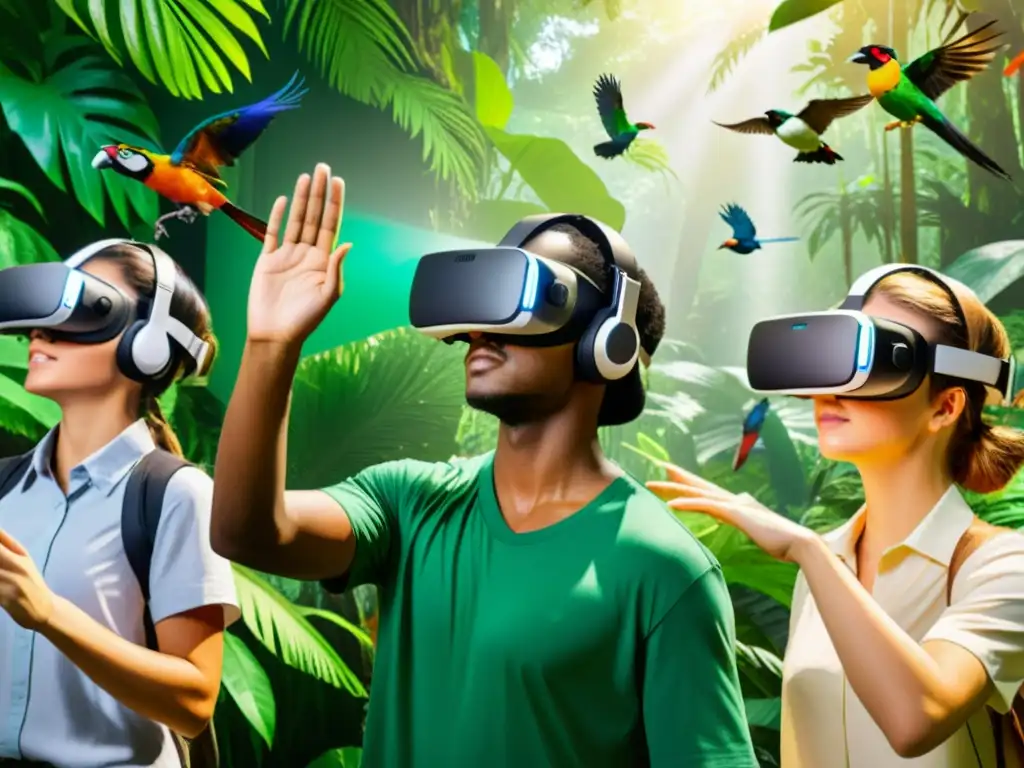 Estudiantes usando Realidad Virtual para explorar ecosistemas en la selva tropical, sumergidos en una experiencia fascinante y educativa