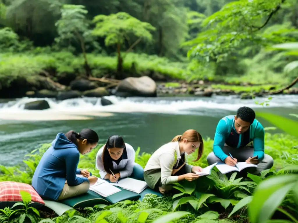 Estudiantes con ropa sostenible realizan estudio de campo en ecosistema biodiverso, promoviendo certificaciones sostenibilidad ecosistemas mundo