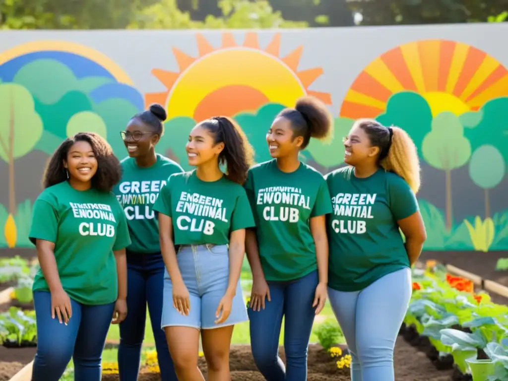 Estudiantes de secundaria trabajan juntos en un jardín comunitario, demostrando formación en liderazgo ambiental para estudiantes