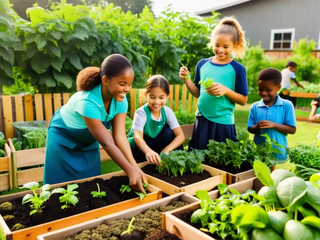 Sembrando sueños: Estudiantes disfrutan la jardinería escolar Estudiantes plantan semillas en un jardín escolar, guiados por su maestro