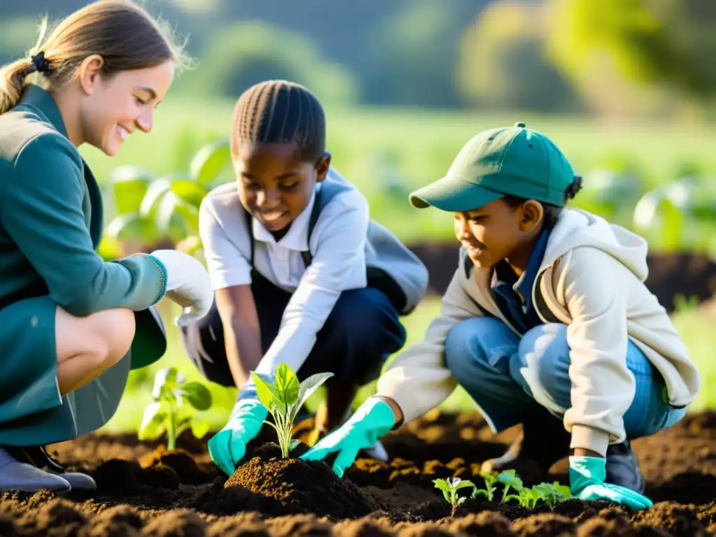 Sembrando el futuro: niños cuidadosamente plantando semillas en el campo Estudiantes plantando semillas con su maestra en el campo