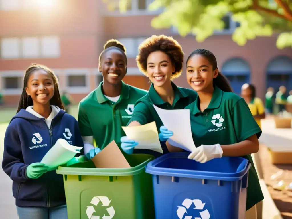 Estudiantes sonrientes colaborando en la clasificación y reciclaje de papel, plástico y vidrio en el patio de la escuela