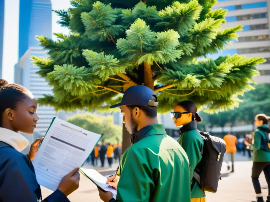 Estudiantes de silvicultura urbana examinan árbol joven en el centro de la ciudad