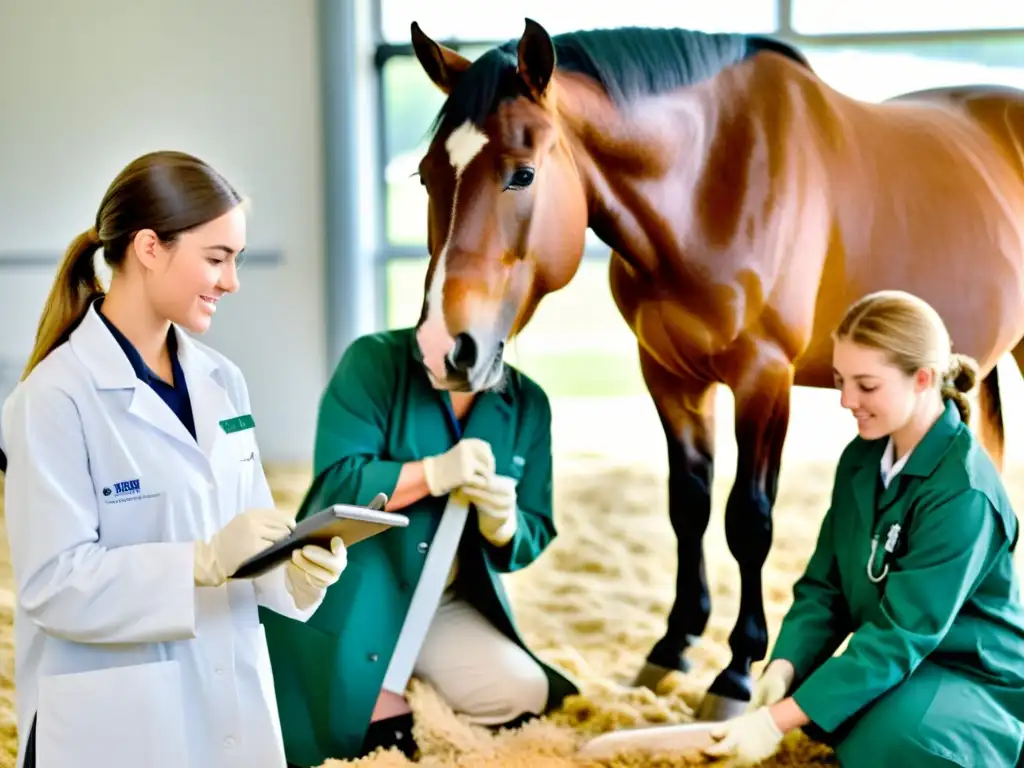 Estudiantes veterinarios examinan con cuidado los cascos de un caballo en un entorno luminoso y espacioso, destacando la importancia de la certificación en bienestar animal, ética y sostenibilidad