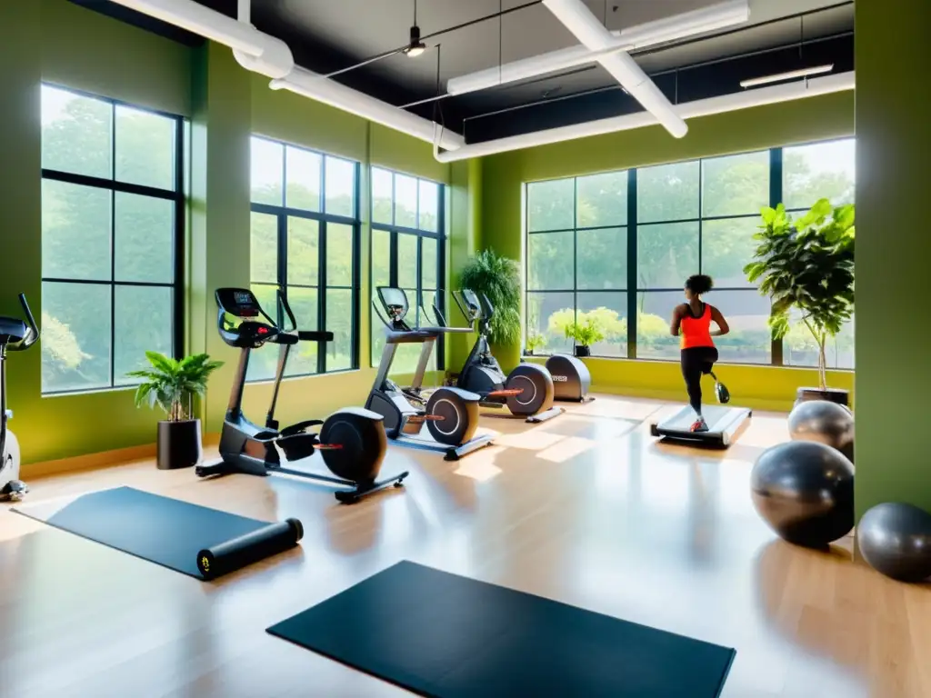 Un estudio de fitness ecológico con personas diversas practicando yoga, levantamiento de pesas y ejercicio cardio