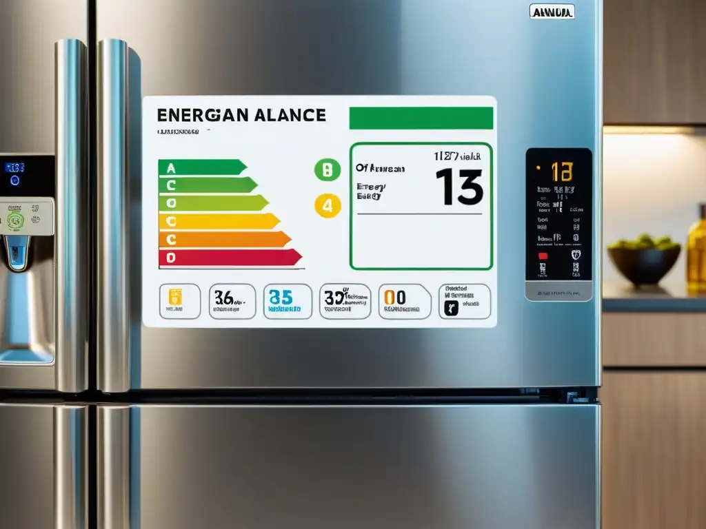 Etiqueta verde de eficiencia energética en moderno refrigerador, reflejando diseño ecológico