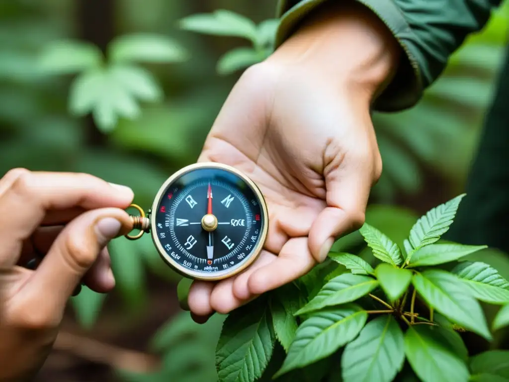 Un excursionista experimentado usa una brújula en un denso bosque