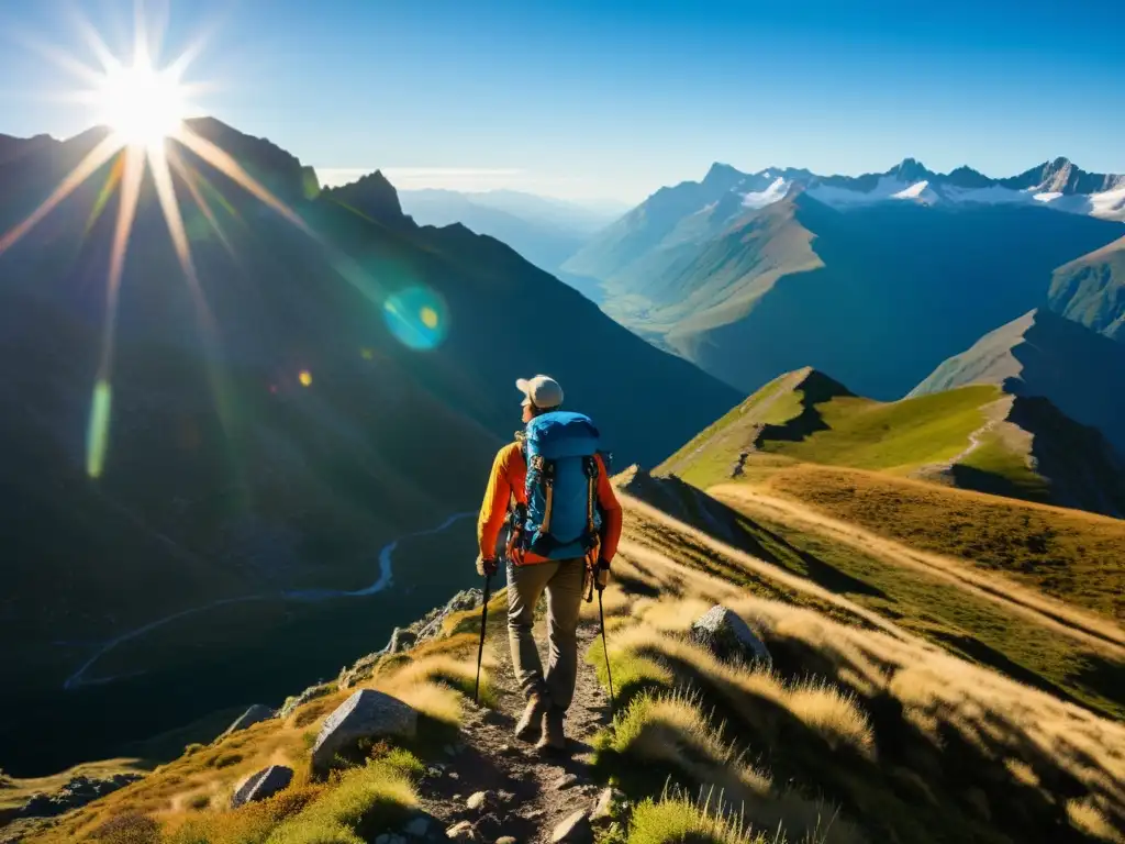 Un excursionista con mochila solar transita un paisaje montañoso, bajo el sol brillante