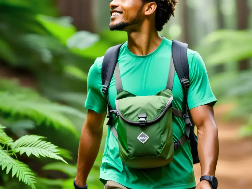 Un excursionista en moda sostenible para ecoturismo camina por un exuberante sendero en el bosque