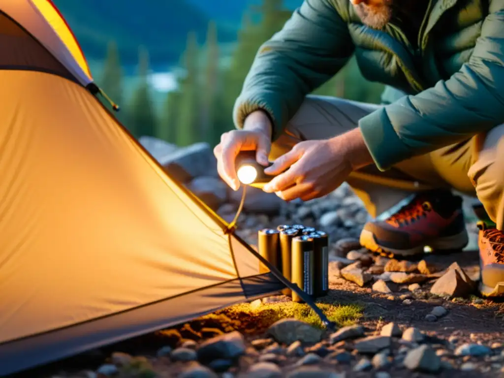 Un excursionista cambia pilas desechables por recargables en su linterna, en un entorno natural