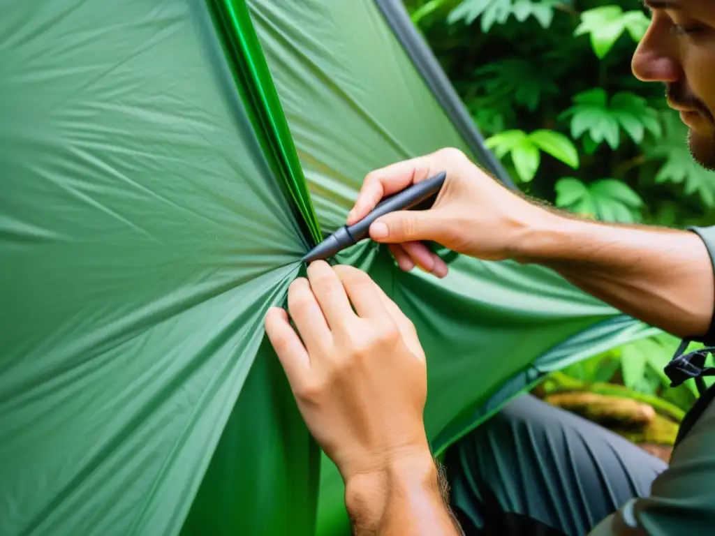 Un excursionista aplica sellador a una tienda ultraligera en un bosque lluvioso, cuidando cada detalle