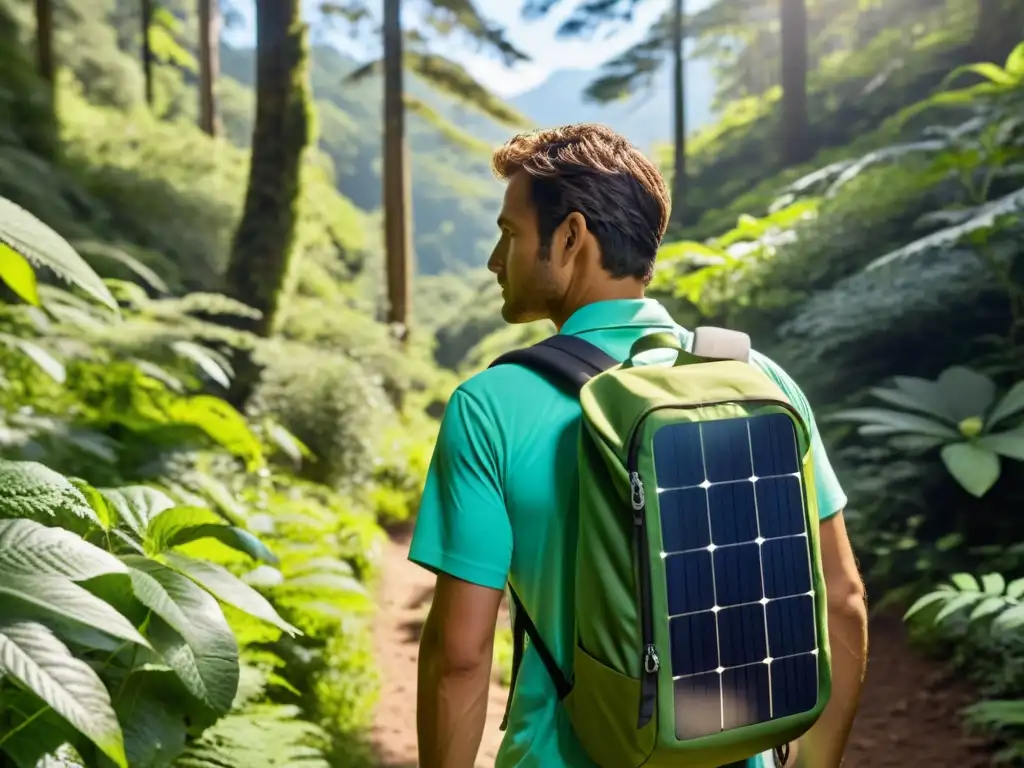 Un excursionista camina por un sendero boscoso, con una mochila con paneles solares integrados que capturan la luz del sol