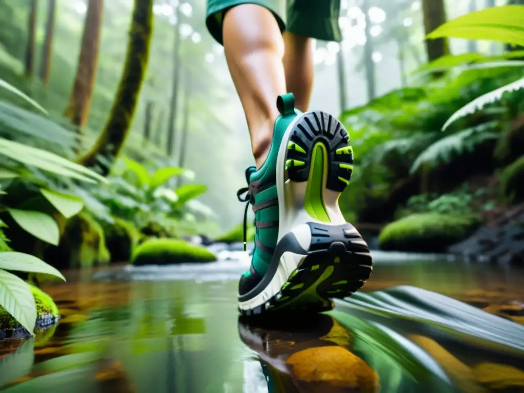 Un excursionista lleva zapatillas ecológicas para excursiones sostenibles en un bosque exuberante con un arroyo y árboles altos