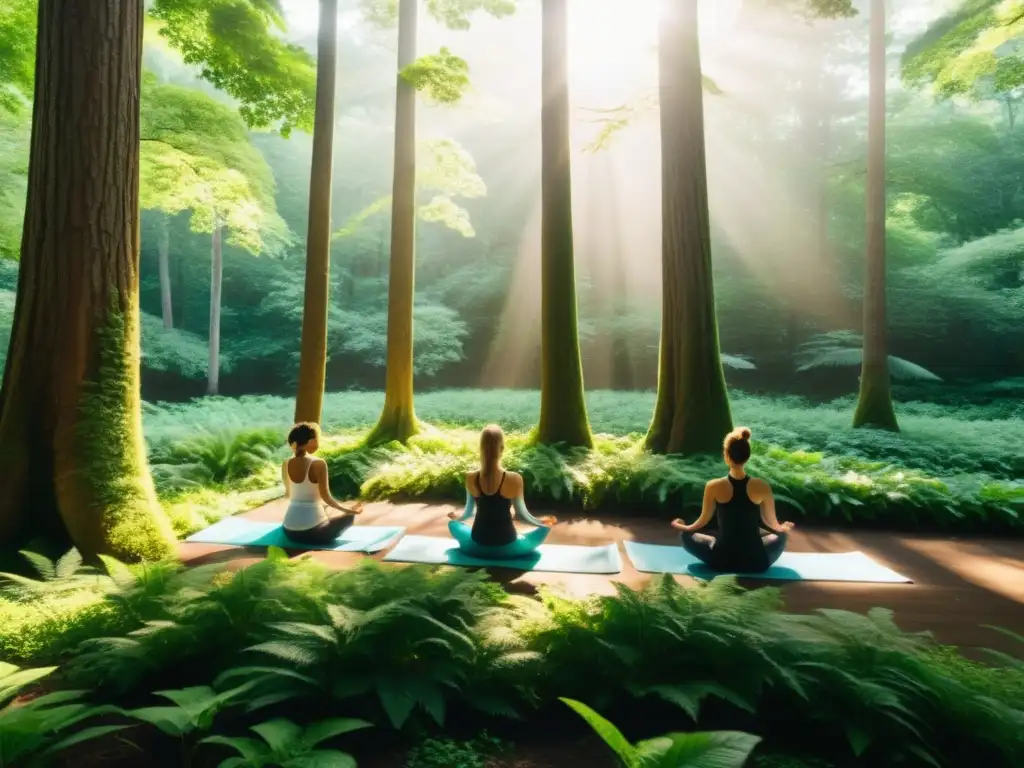 Experiencias de inmersión en la naturaleza: Grupo practicando yoga en un claro del bosque, armonizados con la naturaleza serena y exuberante