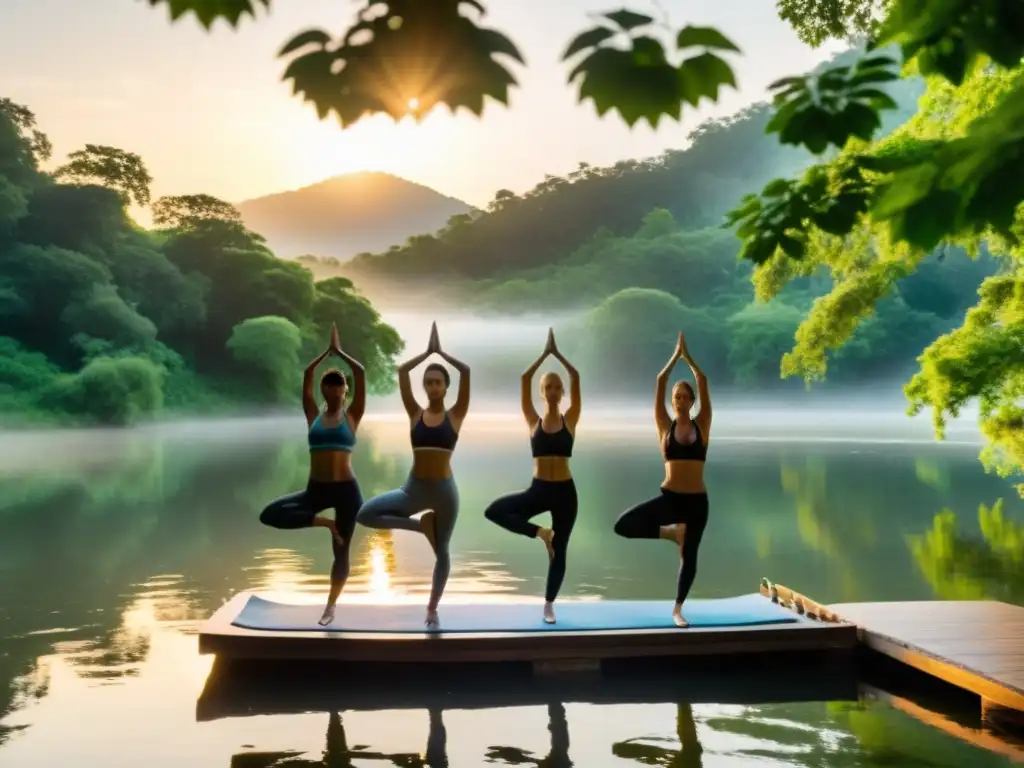 Experiencias de inmersión en la naturaleza: Practicantes de yoga en armonía con la naturaleza al atardecer junto a un río sereno y árboles frondosos