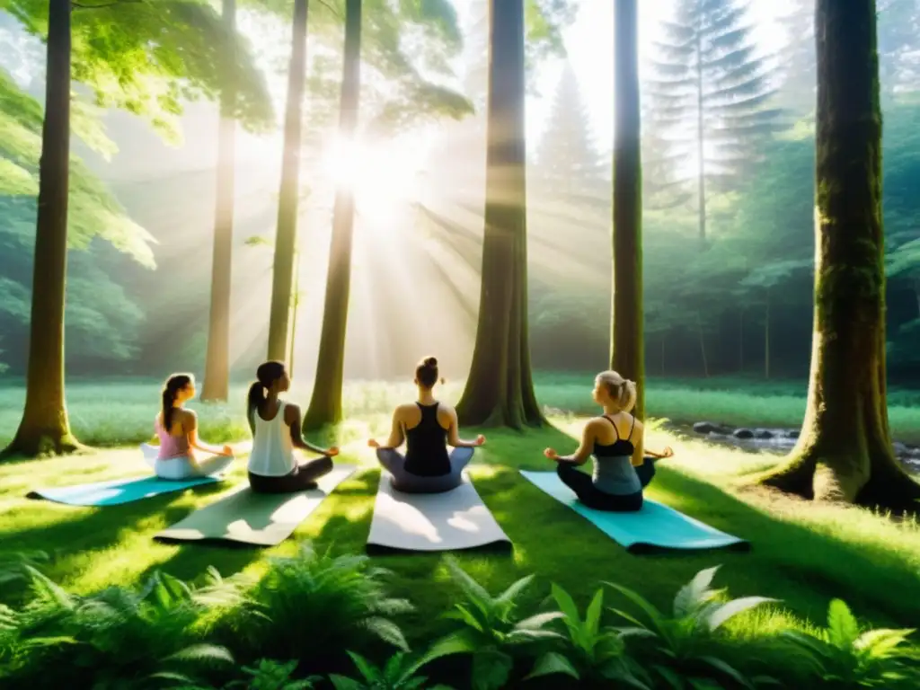 Experiencias de inmersión en la naturaleza: Practicantes de yoga en un claro de bosque, conectando con la naturaleza en armonía serena