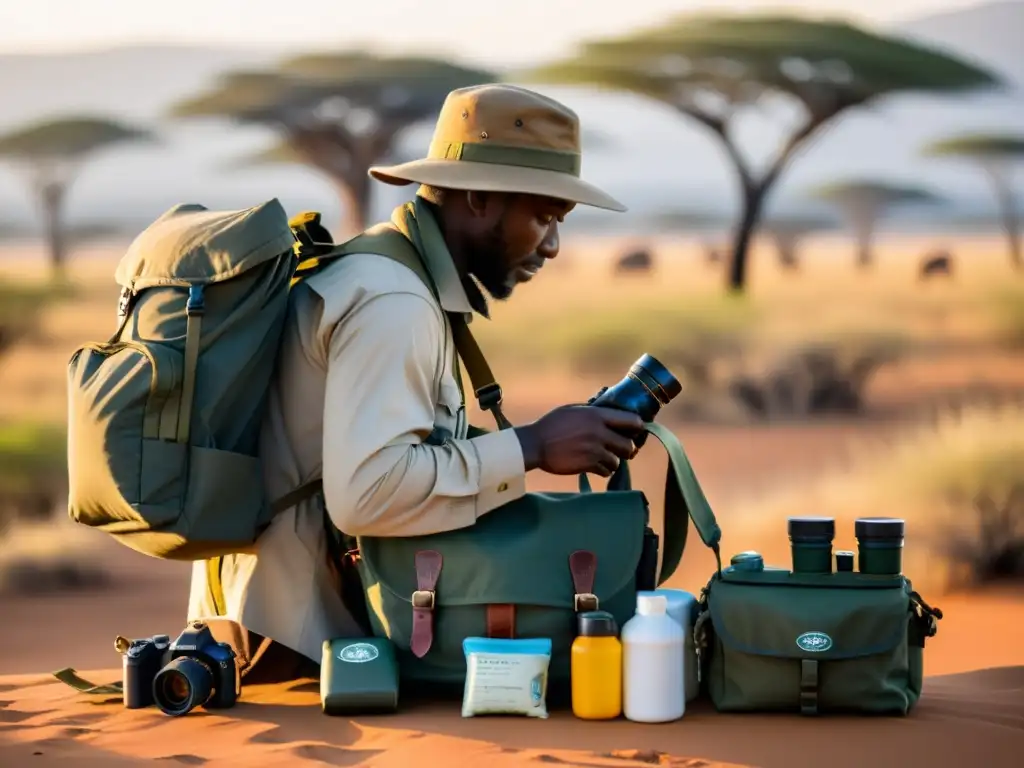 Un experimentado guía de safari prepara cuidadosamente una mochila para un emocionante safari fotográfico en la sabana africana al atardecer