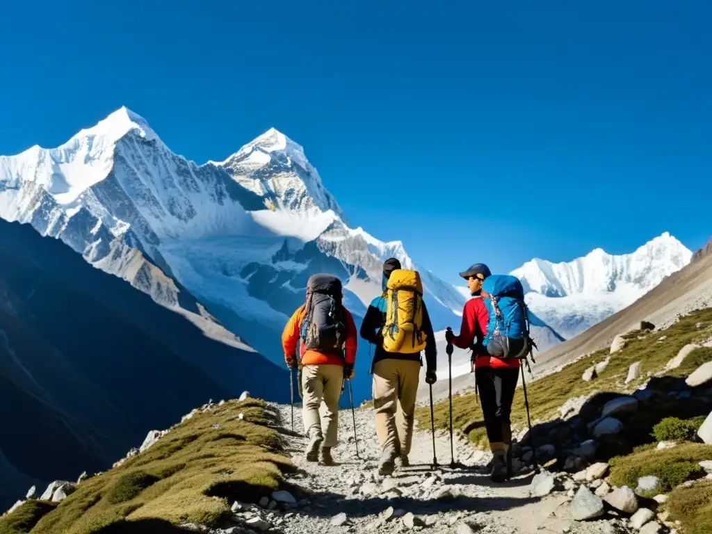 Experimentados excursionistas en el Himalaya, preparados para la naturaleza salvaje y la aventura en la montaña