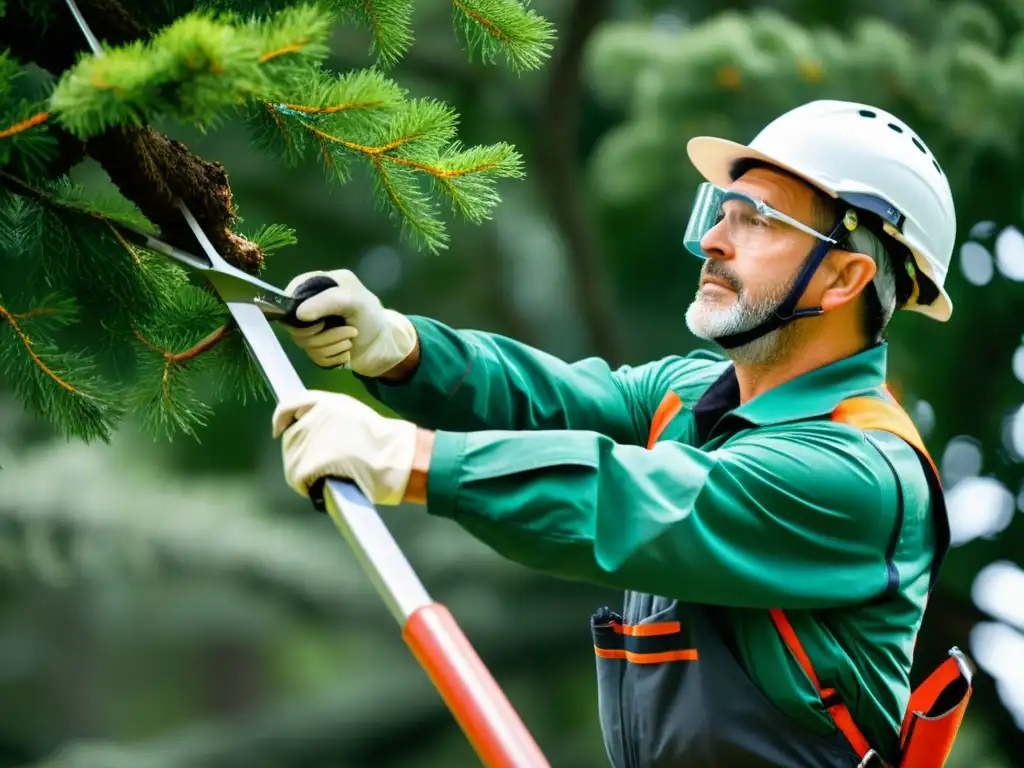 Un experto arborista podando con cuidado un árbol maduro, usando herramientas especializadas, en una escena bañada en luz natural