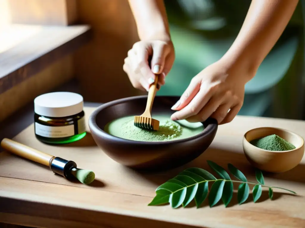 Un experto artesano mezcla ingredientes naturales en un taller rústico y soleado, reflejando las tendencias de la cosmética natural ecológica