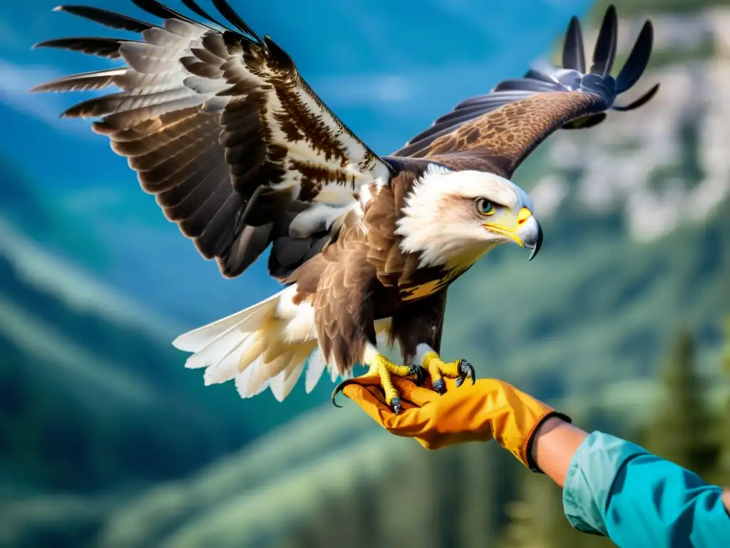 Un experto en consultoría de manejo de fauna silvestre libera con cuidado a un águila rehabilitada en su hábitat natural, mostrando profesionalismo y respeto por la naturaleza