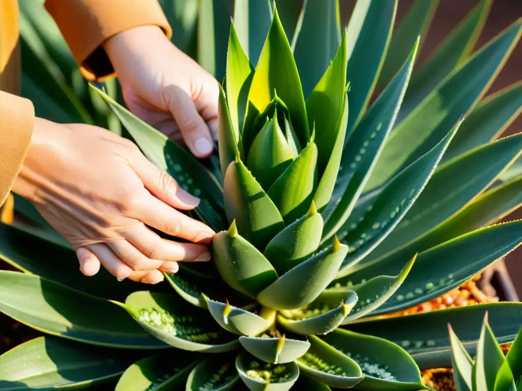 Un experto recolecta con cuidado hojas de sábila bajo la cálida luz dorada, resaltando la curación natural para la piel