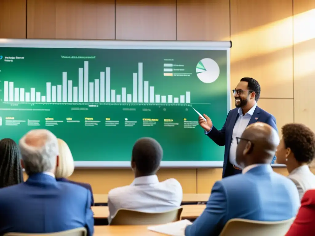 Experto financiero enseñando fondos de inversión sostenibles a un grupo diverso en un aula, creando un ambiente educativo y participativo