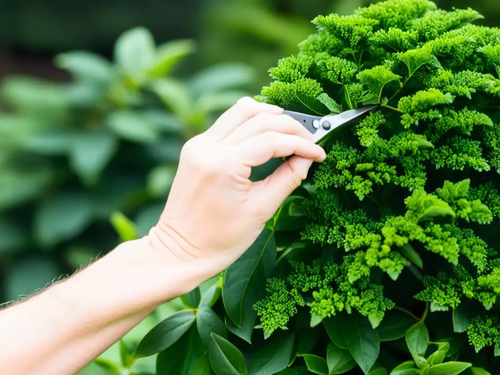 Un experto jardinero poda con cuidado un arbusto en un hermoso jardín, demostrando técnicas de poda respetuosas con el medio ambiente