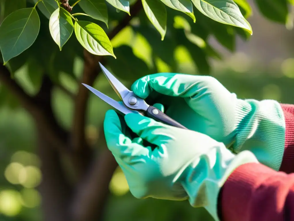 Un experto jardinero con guantes podando una rama con técnicas de poda respetuosas medio ambiente en un exuberante jardín