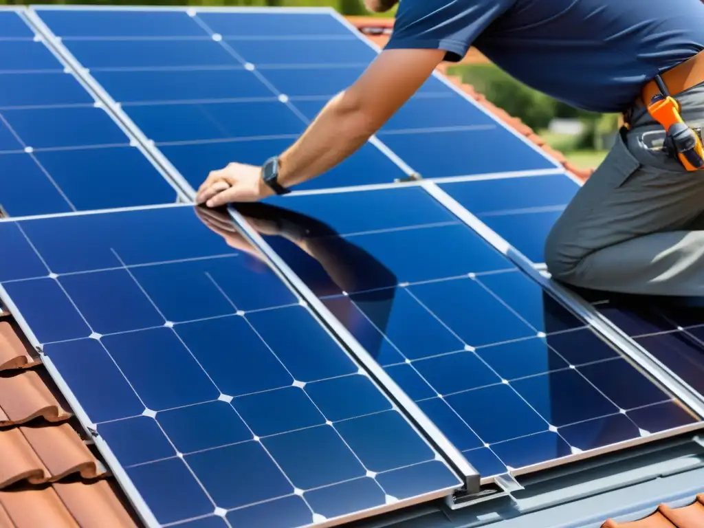 Un experto instala cuidadosamente un panel solar en el techo de una casa ecológica, mostrando los beneficios de instalar paneles solares