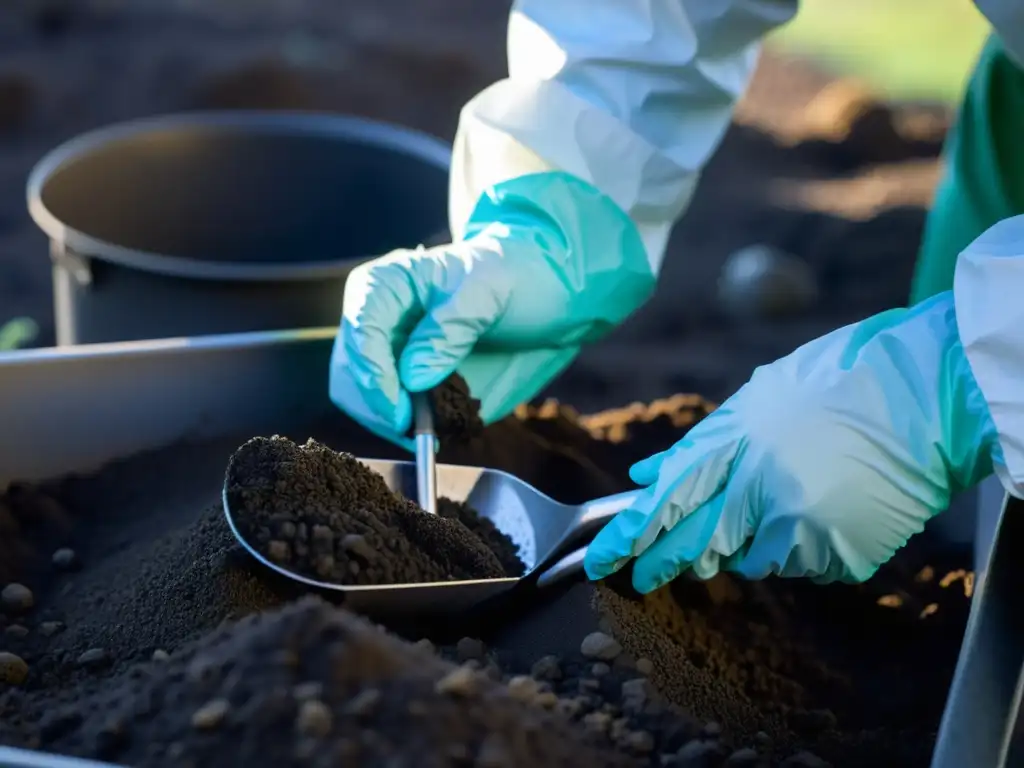 Un experto en servicios consultivos de contaminación del suelo recolecta una muestra con cuidado en un sitio contaminado