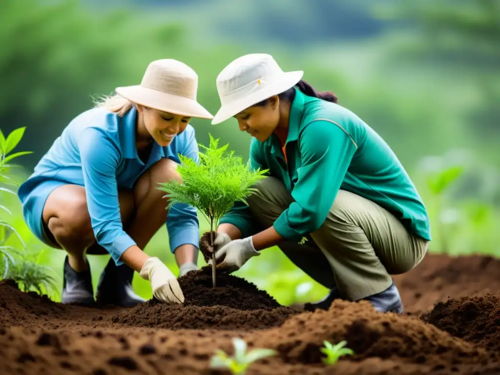 Expertos en restauración ecológica plantando árboles nativos en un ecosistema degradado, rodeados de exuberante vegetación y vida silvestre