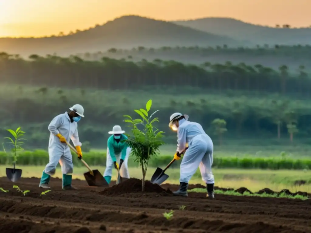 Expertos en cambio climático y sostenibilidad plantan árboles al atardecer, creando un oasis de esperanza en tierra desolada