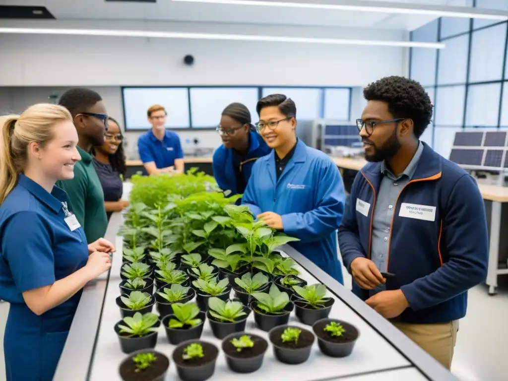 Expertos y estudiantes innovadores en cambio climático y sostenibilidad, colaborando en laboratorio avanzado