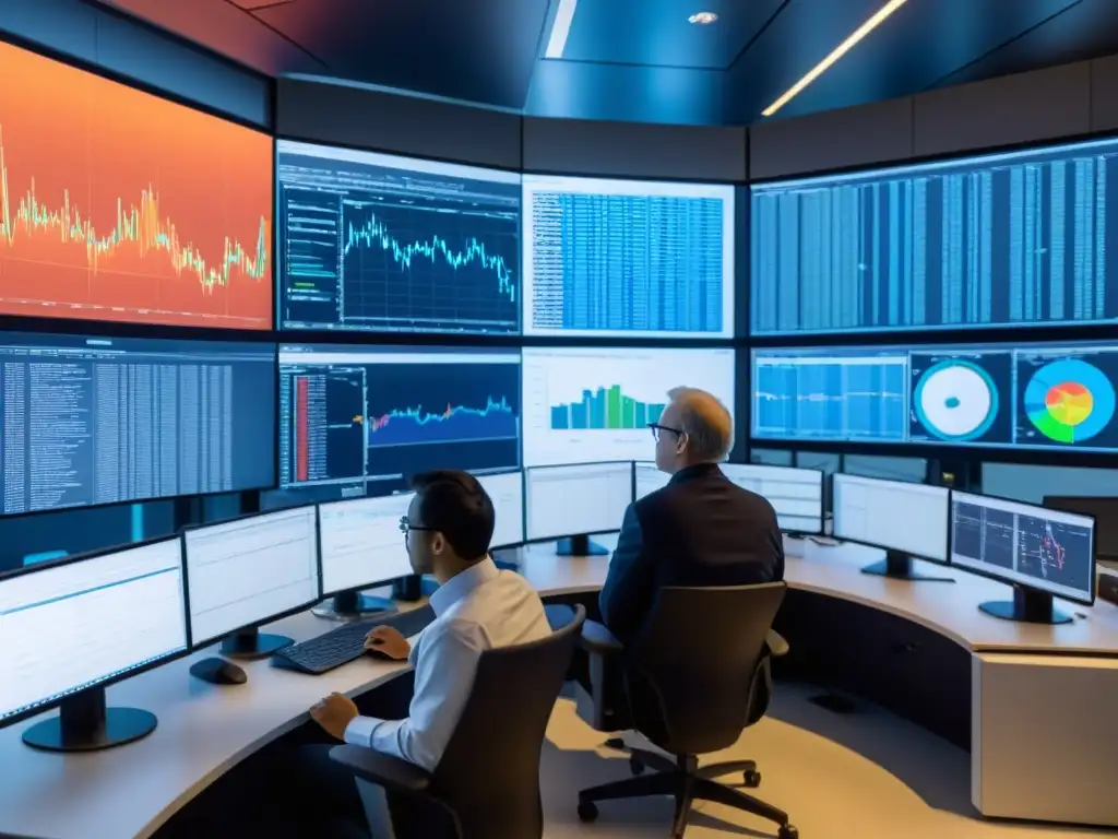 Expertos trabajan en laboratorio de modelado climático, rodeados de supercomputadoras y pantallas de visualización de datos