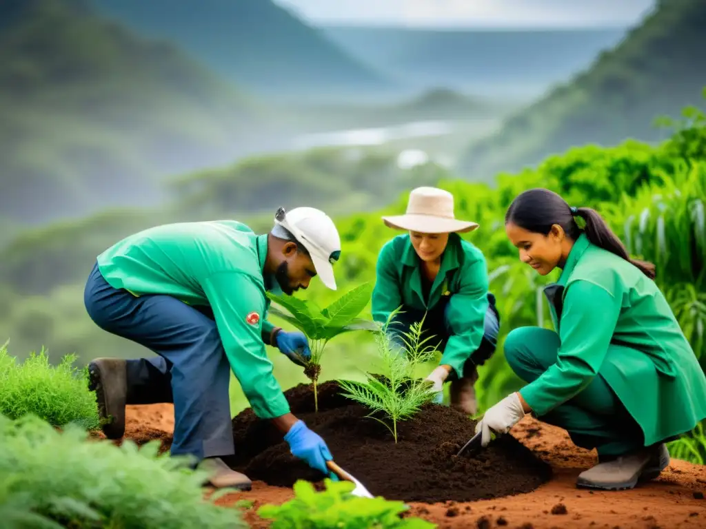 Expertos en restauración ecológica plantan vegetación nativa en un ecosistema degradado, rodeados de exuberante vegetación y especies en peligro