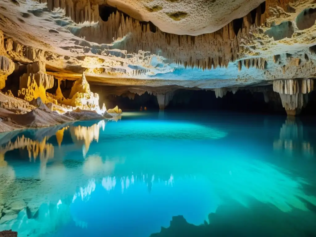 Exploración de aguas subterráneas ocultas en caverna con formaciones de piedra caliza y agua cristalina reflejando la luz natural