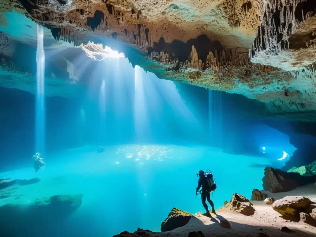 Exploración de aguas subterráneas ocultas en caverna con agua cristalina, estalactitas y estalagmitas, iluminada por la luz solar