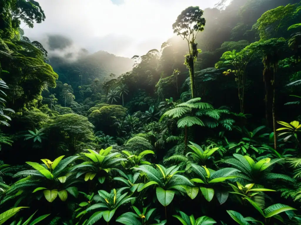 Exploración del antiguo ecosistema de Borneo: exuberante selva tropical con árboles gigantes, vegetación vibrante y luz filtrada a través del dosel