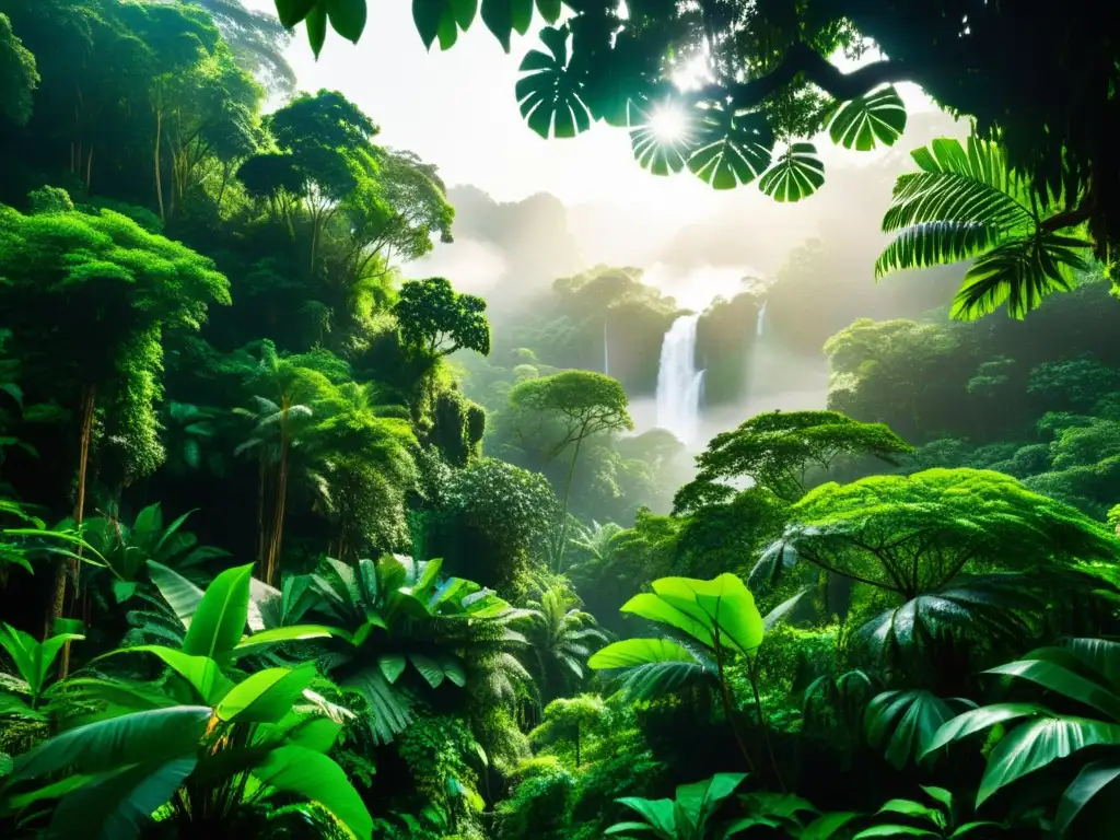 Exploración de civilizaciones perdidas en la exuberante selva tropical, con árboles imponentes y misteriosa vegetación verde